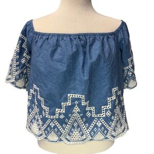 Mi Ami Francesca's Womens M Blue Chambray Off Shoulder Eyelet Crop Top Boho